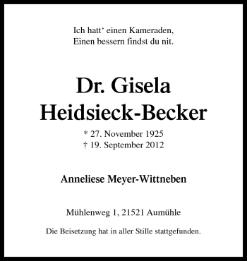 Traueranzeige von Gisela Heidsieck-Becker von Neue Osnabrücker Zeitung GmbH & Co. KG