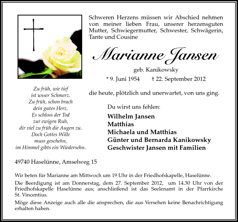  Traueranzeige für Marianne Jansen vom 24.09.2012 aus Neue Osnabrücker Zeitung GmbH & Co. KG