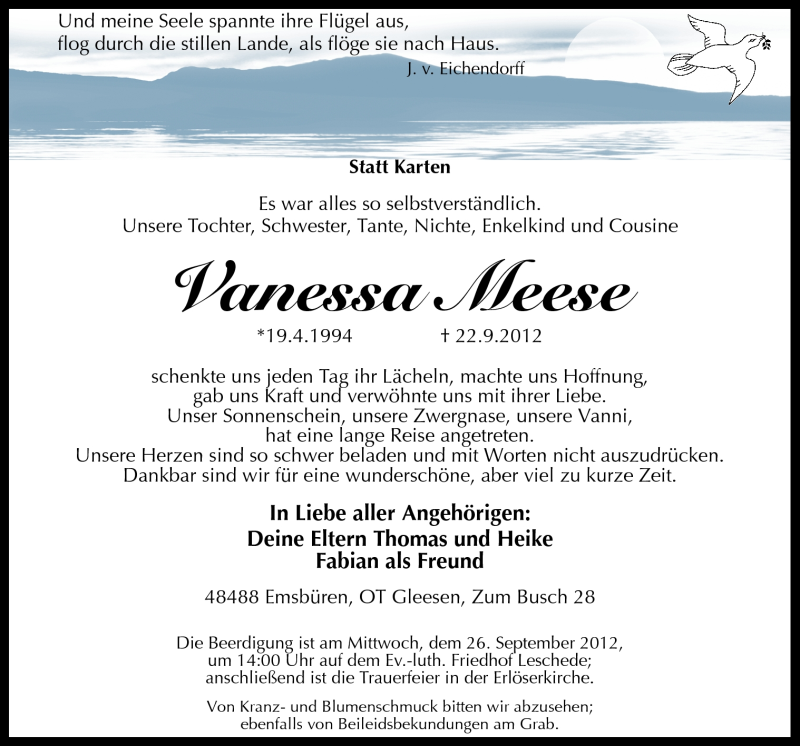  Traueranzeige für Vanessa Meese vom 24.09.2012 aus Neue Osnabrücker Zeitung GmbH & Co. KG
