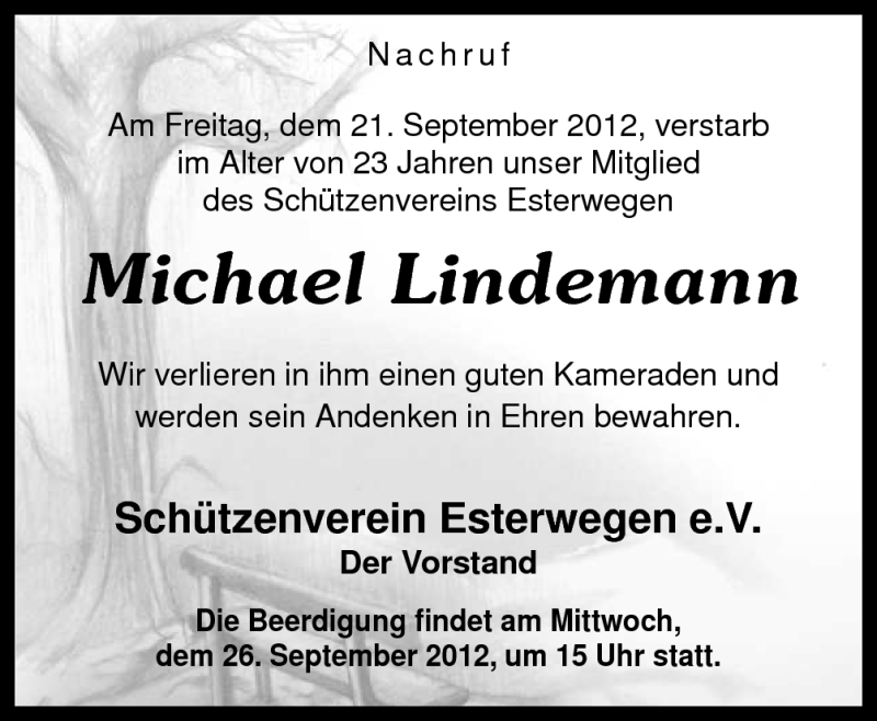  Traueranzeige für Michael Lindemann vom 25.09.2012 aus Neue Osnabrücker Zeitung GmbH & Co. KG