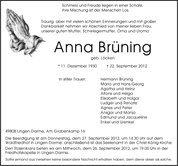 Traueranzeige von Anna Brüning von Neue Osnabrücker Zeitung GmbH & Co. KG