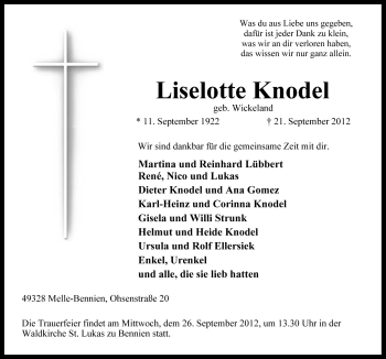 Traueranzeige von Liselotte Knodel von Neue Osnabrücker Zeitung GmbH & Co. KG