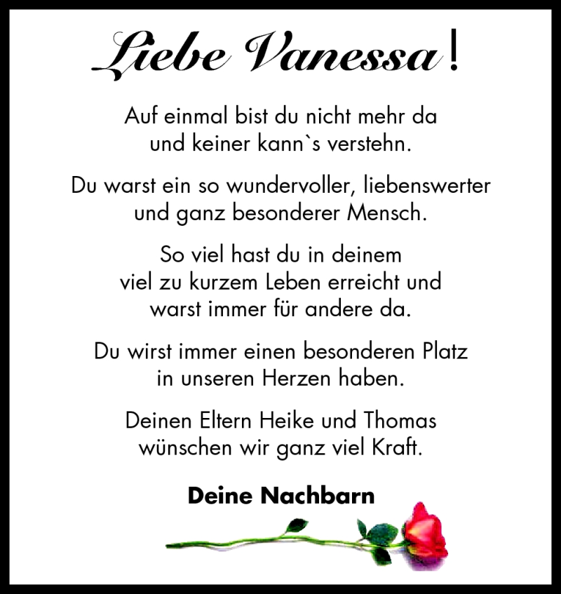  Traueranzeige für Vanessa Meese vom 25.09.2012 aus Neue Osnabrücker Zeitung GmbH & Co. KG