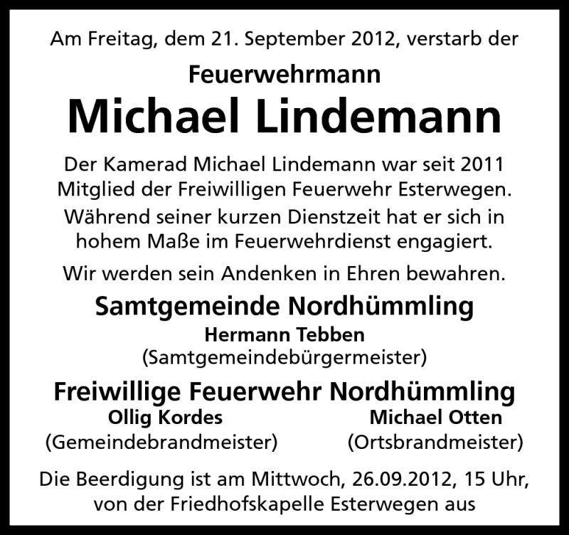  Traueranzeige für Michael Lindemann vom 25.09.2012 aus Neue Osnabrücker Zeitung GmbH & Co. KG