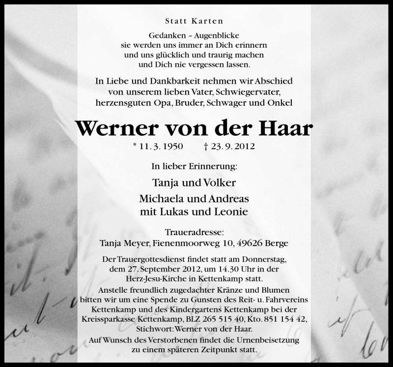  Traueranzeige für Werner von der Haar vom 25.09.2012 aus Neue Osnabrücker Zeitung GmbH & Co. KG