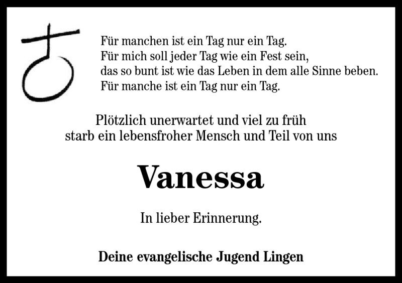  Traueranzeige für Vanessa Meese vom 25.09.2012 aus Neue Osnabrücker Zeitung GmbH & Co. KG
