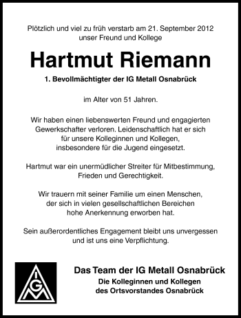 Traueranzeige von Hartmut Riemann von Neue Osnabrücker Zeitung GmbH & Co. KG