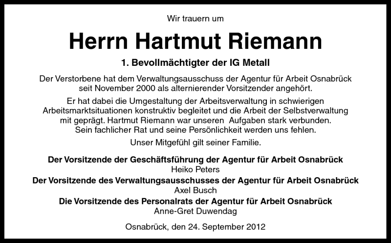  Traueranzeige für Hartmut Riemann vom 26.09.2012 aus Neue Osnabrücker Zeitung GmbH & Co. KG
