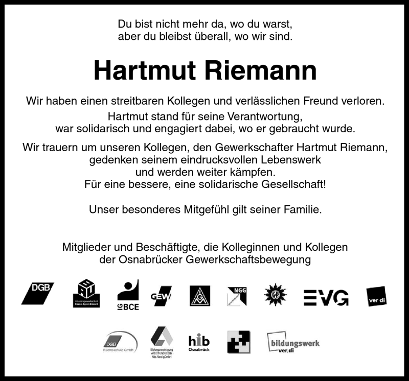  Traueranzeige für Hartmut Riemann vom 25.09.2012 aus Neue Osnabrücker Zeitung GmbH & Co. KG