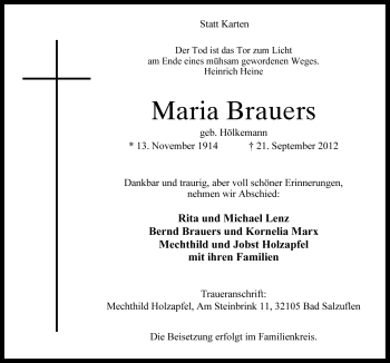Traueranzeige von Maria Brauers von Neue Osnabrücker Zeitung GmbH & Co. KG