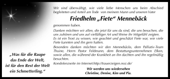 Traueranzeige von Friedhelm Mennebäck von Neue Osnabrücker Zeitung GmbH & Co. KG