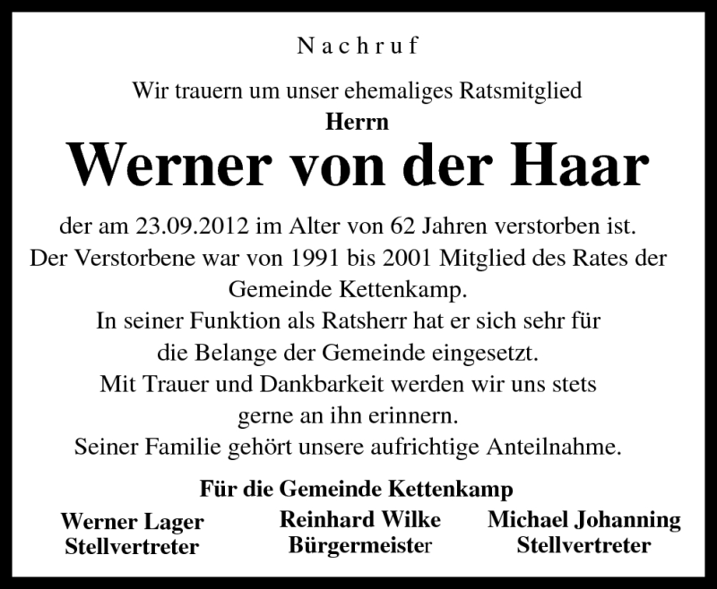  Traueranzeige für Werner von der Haar vom 26.09.2012 aus Neue Osnabrücker Zeitung GmbH & Co. KG