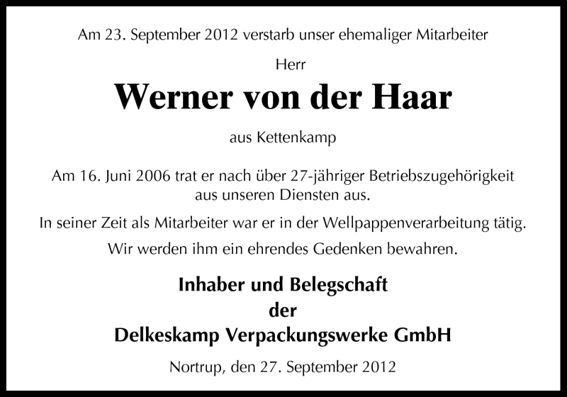  Traueranzeige für Werner von der Haar vom 27.09.2012 aus Neue Osnabrücker Zeitung GmbH & Co. KG