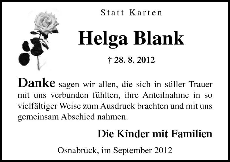  Traueranzeige für Helga Blank vom 29.09.2012 aus Neue Osnabrücker Zeitung GmbH & Co. KG