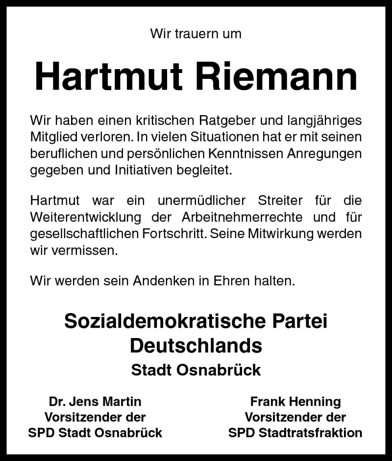  Traueranzeige für Hartmut Riemann vom 26.09.2012 aus Neue Osnabrücker Zeitung GmbH & Co. KG