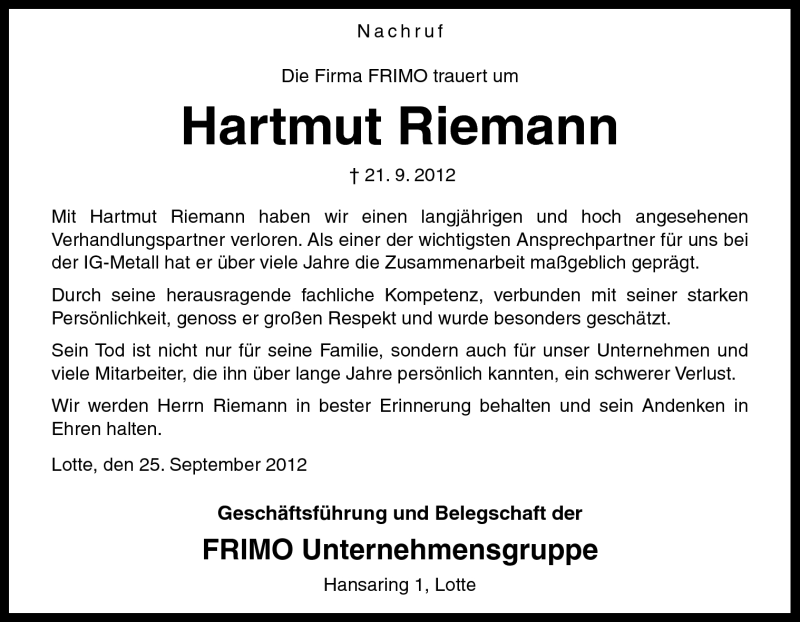  Traueranzeige für Hartmut Riemann vom 27.09.2012 aus Neue Osnabrücker Zeitung GmbH & Co. KG