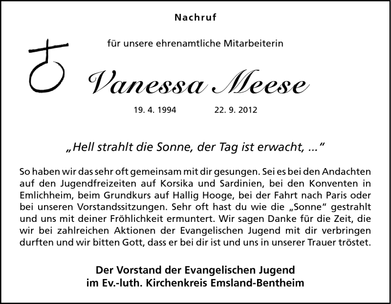  Traueranzeige für Vanessa Meese vom 27.09.2012 aus Neue Osnabrücker Zeitung GmbH & Co. KG