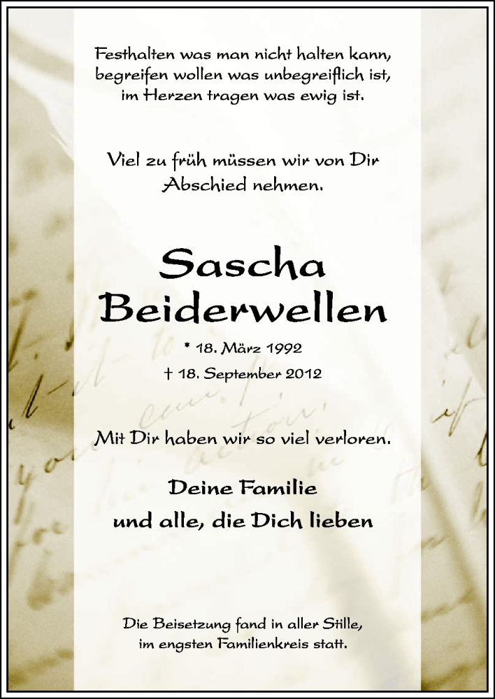  Traueranzeige für Sascha Beiderwellen vom 29.09.2012 aus Neue Osnabrücker Zeitung GmbH & Co. KG