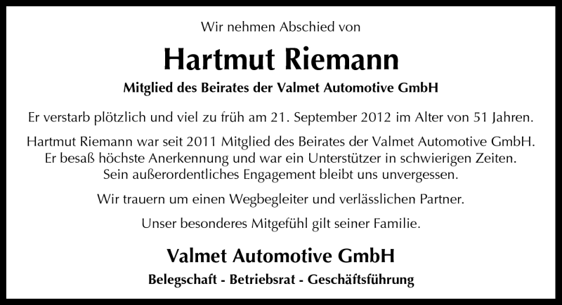  Traueranzeige für Hartmut Riemann vom 27.09.2012 aus Neue Osnabrücker Zeitung GmbH & Co. KG