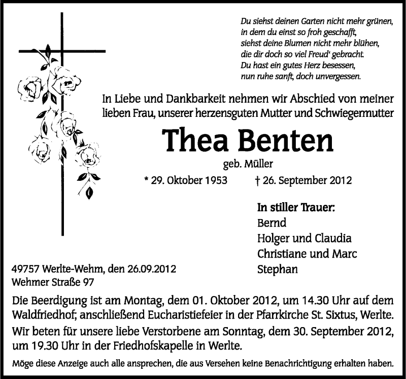  Traueranzeige für Thea Benten vom 29.09.2012 aus Neue Osnabrücker Zeitung GmbH & Co. KG