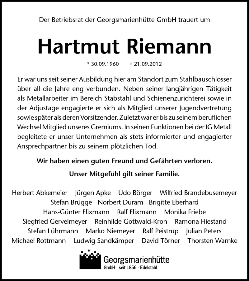  Traueranzeige für Hartmut Riemann vom 28.09.2012 aus Neue Osnabrücker Zeitung GmbH & Co. KG