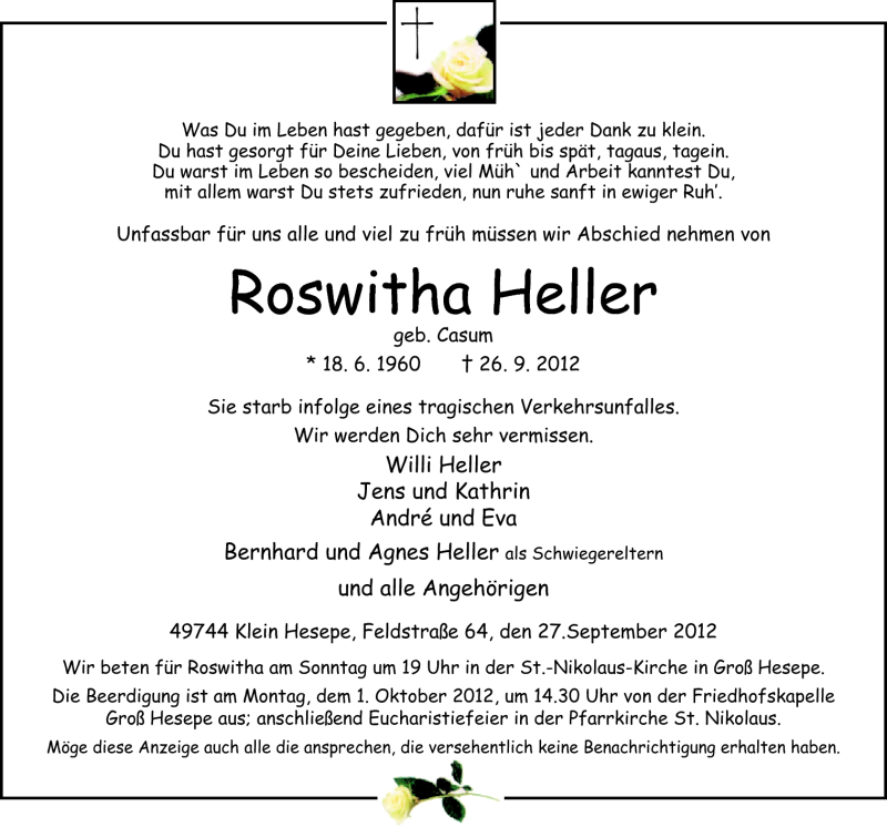  Traueranzeige für Roswitha Heller vom 29.09.2012 aus Neue Osnabrücker Zeitung GmbH & Co. KG