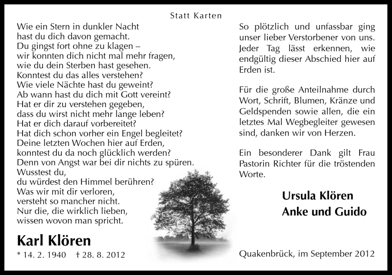  Traueranzeige für Karl Klören vom 29.09.2012 aus Neue Osnabrücker Zeitung GmbH & Co. KG