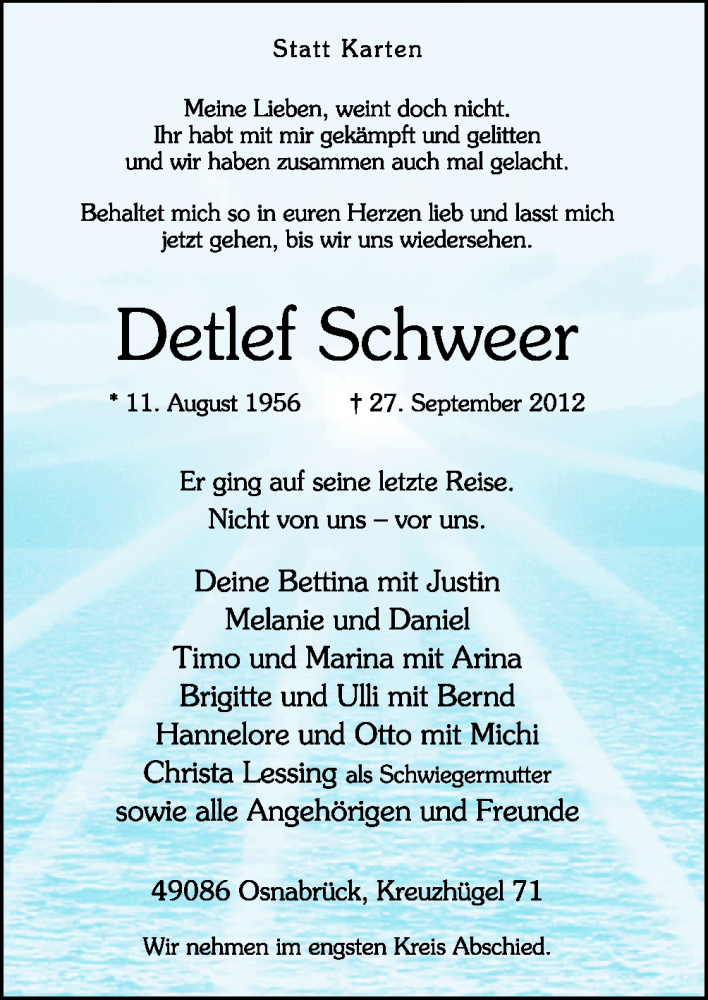  Traueranzeige für Detlef Schweer vom 29.09.2012 aus Neue Osnabrücker Zeitung GmbH & Co. KG