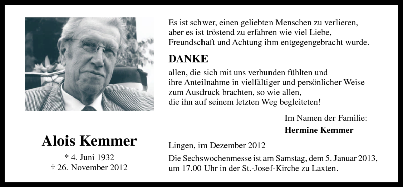  Traueranzeige für Alois Kemmer vom 02.01.2013 aus Neue Osnabrücker Zeitung GmbH & Co. KG
