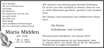 Traueranzeige von Maria Midden von Neue Osnabrücker Zeitung GmbH & Co. KG