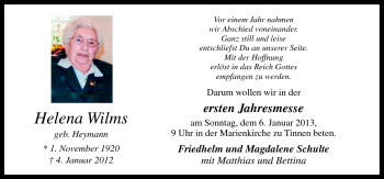 Traueranzeige von Helena Wilms von Neue Osnabrücker Zeitung GmbH & Co. KG