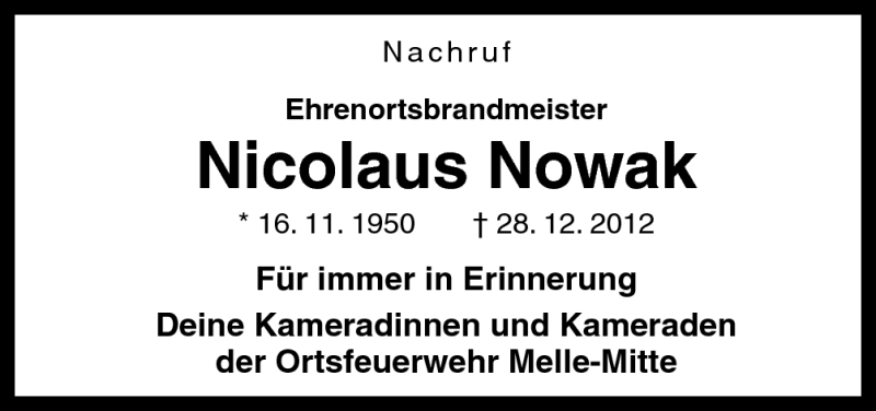  Traueranzeige für Nicolaus Nowak vom 02.01.2013 aus Neue Osnabrücker Zeitung GmbH & Co. KG