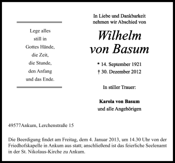 Traueranzeige von Wilhelm von Basum von Neue Osnabrücker Zeitung GmbH & Co. KG