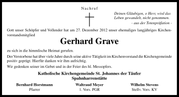 Traueranzeige von Gerhard Grave von Neue Osnabrücker Zeitung GmbH & Co. KG