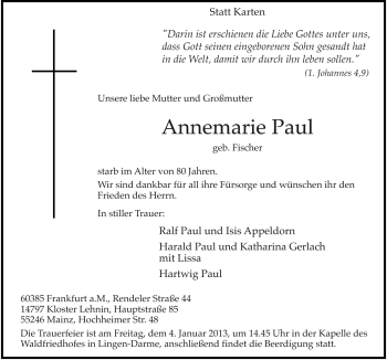 Traueranzeige von Annemarie Paul von Neue Osnabrücker Zeitung GmbH & Co. KG