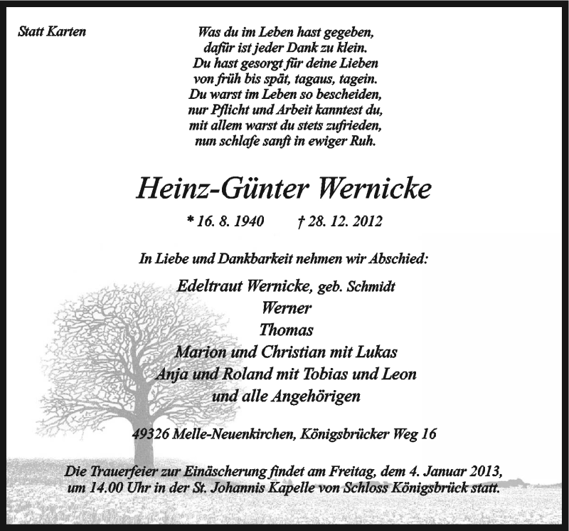  Traueranzeige für Heinz-Günter Wernicke vom 02.01.2013 aus Neue Osnabrücker Zeitung GmbH & Co. KG