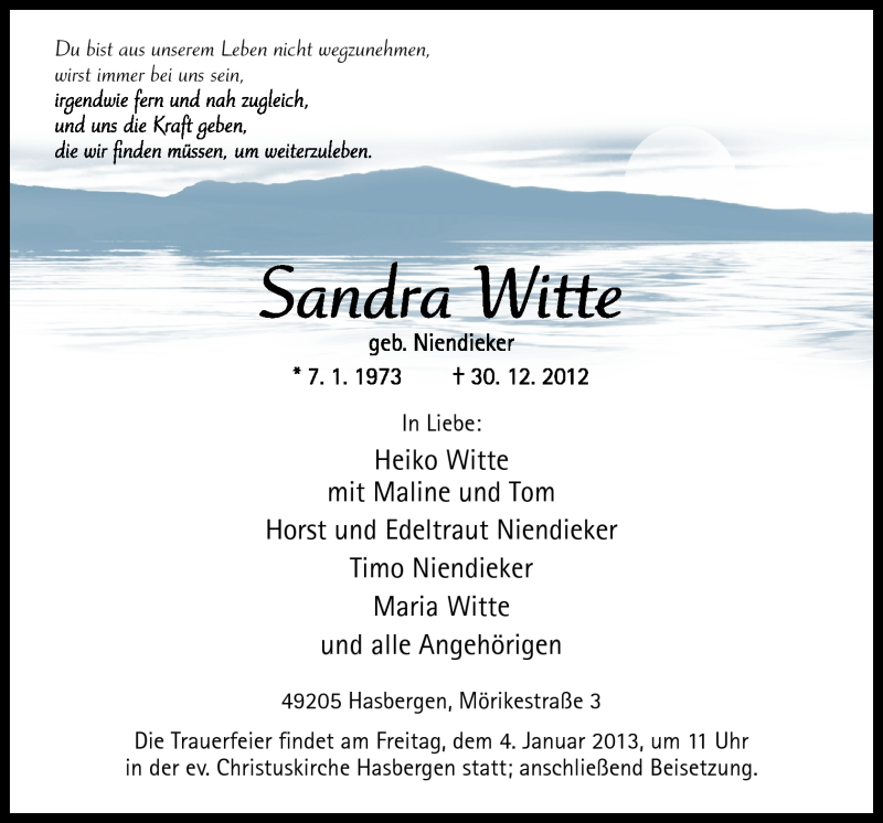  Traueranzeige für Sandra Witte vom 02.01.2013 aus Neue Osnabrücker Zeitung GmbH & Co. KG