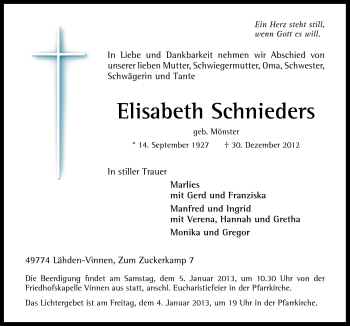Traueranzeige von Elisabeth Schnieders von Neue Osnabrücker Zeitung GmbH & Co. KG