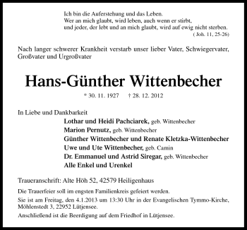 Traueranzeige von Hans-Günther Wittenbecher von Neue Osnabrücker Zeitung GmbH & Co. KG