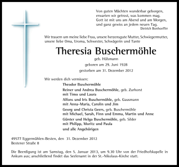 Traueranzeige von Theresia Buschermöhle von Neue Osnabrücker Zeitung GmbH & Co. KG