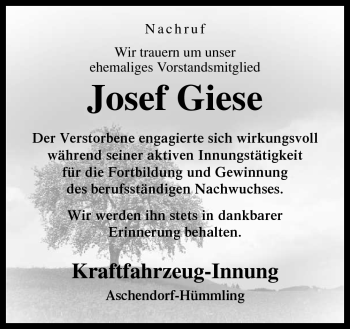 Traueranzeige von Josef Giese von Neue Osnabrücker Zeitung GmbH & Co. KG