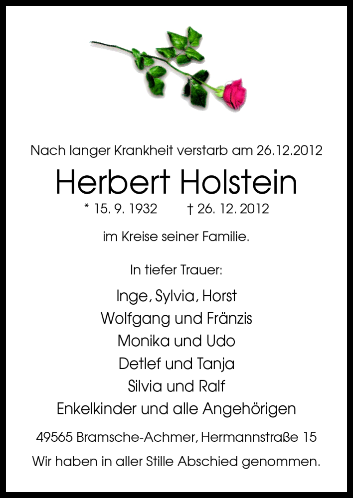 Traueranzeige für Herbert Holstein vom 03.01.2013 aus Neue Osnabrücker Zeitung GmbH & Co. KG