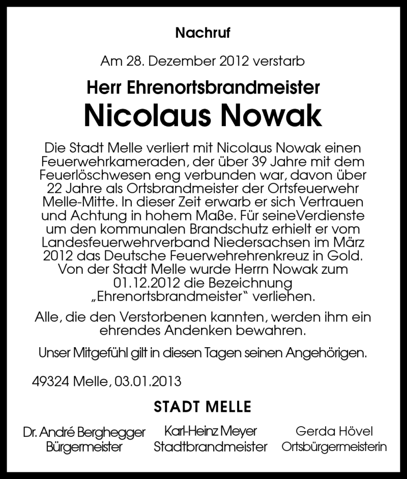  Traueranzeige für Nicolaus Nowak vom 03.01.2013 aus Neue Osnabrücker Zeitung GmbH & Co. KG