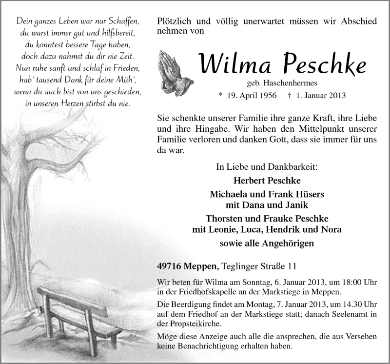  Traueranzeige für Wilma Peschke vom 04.01.2013 aus Neue Osnabrücker Zeitung GmbH & Co. KG