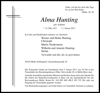 Traueranzeige von Alma Hunting von Neue Osnabrücker Zeitung GmbH & Co. KG