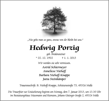 Traueranzeige von Hedwig Porzig von Neue Osnabrücker Zeitung GmbH & Co. KG