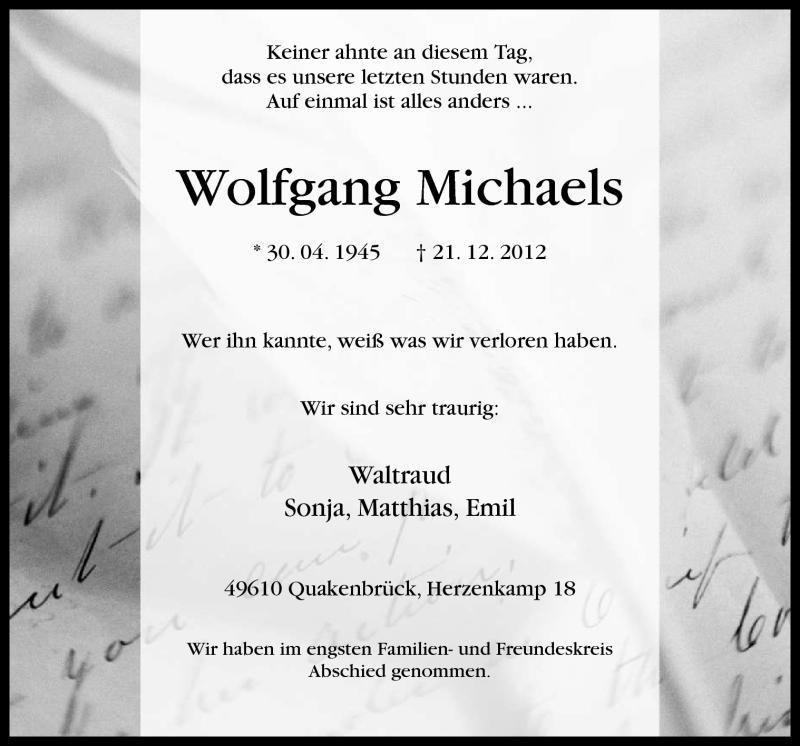 Traueranzeige für Wolfgang Michaels vom 05.01.2013 aus Neue Osnabrücker Zeitung GmbH & Co. KG