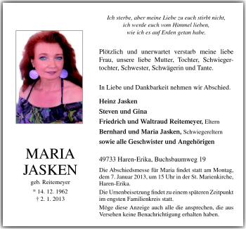 Traueranzeige von Maria Jasken von Neue Osnabrücker Zeitung GmbH & Co. KG