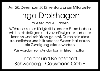 Traueranzeige von Ingo Drolshagen von Neue Osnabrücker Zeitung GmbH & Co. KG