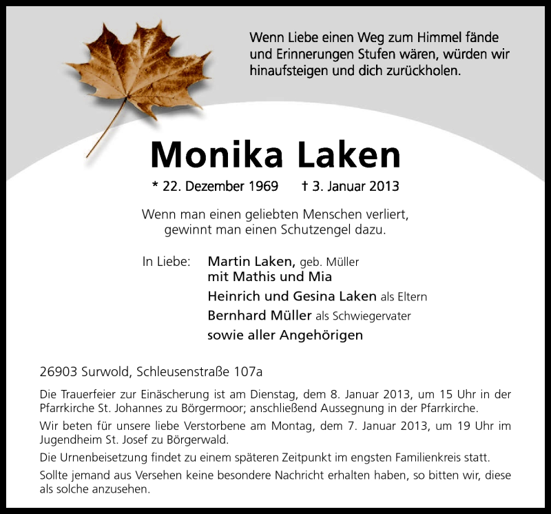  Traueranzeige für Monika Laken vom 05.01.2013 aus Neue Osnabrücker Zeitung GmbH & Co. KG